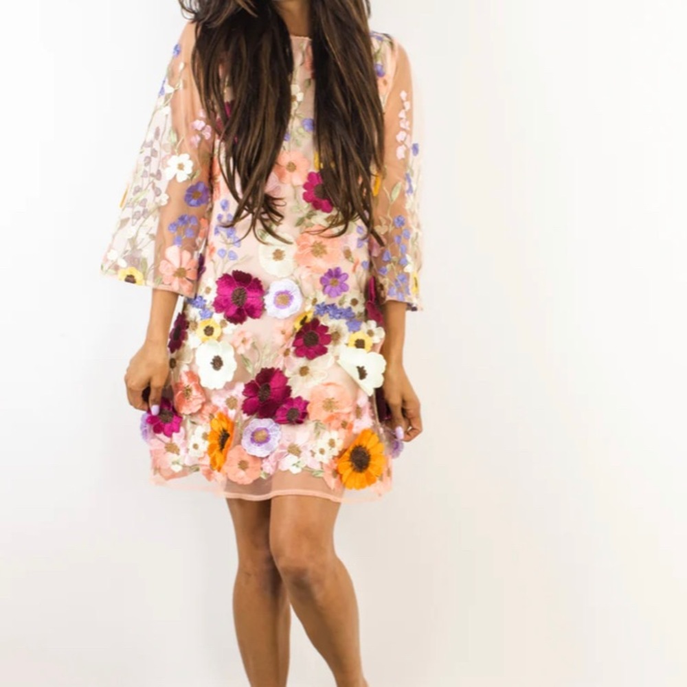 Boutique gorgeous floral overlay appliqué dress!